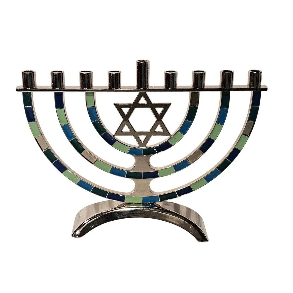 Menorah Hanukkah Chanukiah Silver Blue Green Enamel Star of David with Candles